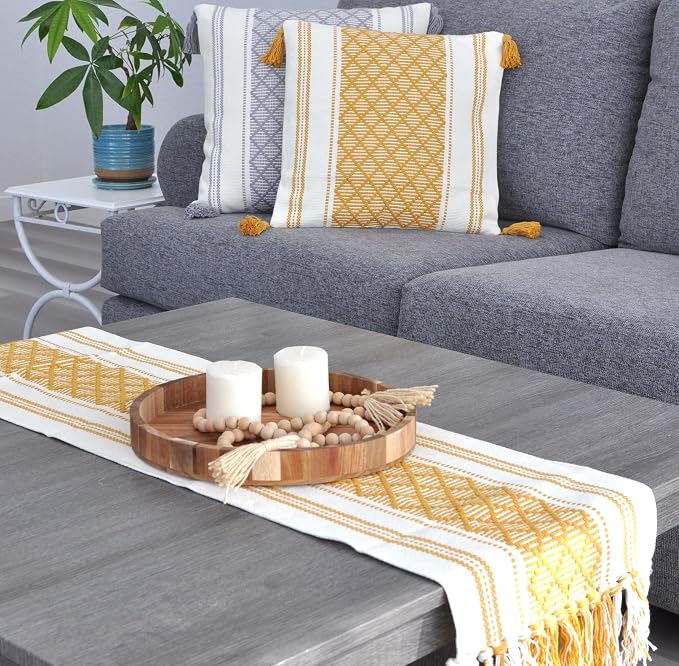 Decorative Boho Throw Pillow Covers with Tassels Mustard Yellow 16x16 inches Set of 2 / Cute Square Pillow Covers for Couch Sofa/Farmhouse Woven Pillow Cases/Modern Accent Cushion Covers