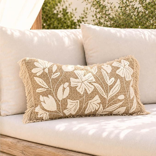 BlissBlush Lumbar Pillow Cover 12x20 Inch Indoor Outdoor, Jute Inspired Floral Tufted Decorative Accent Pillow Case for Patio Couch Sofa Living Room, Cover Only