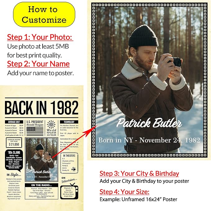 Personalized 43 year old birthday gifts - Back in 1982 Poster - Centerpiece Table Decorations 43rd Birthday Party - Custom Born in 1982 Newspaper Vintage Poster for Men, Women, Him, Her