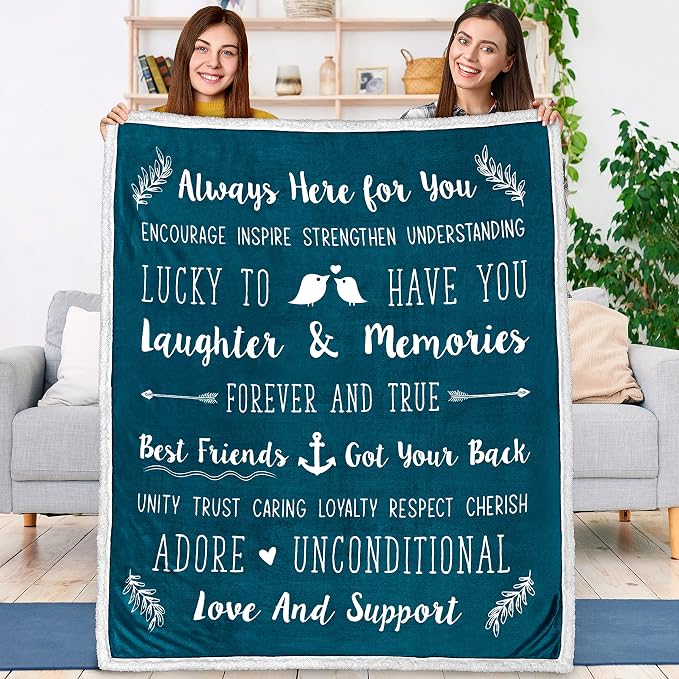 PAVILIA Best Friend Blanket - Friendship Gifts for Women, Soul Sister & Long Distance Bestie Gift, Soft Cozy Sherpa Throw with Sentimental Quotes, BFF Birthday Gift Idea, Teal Sea Blue