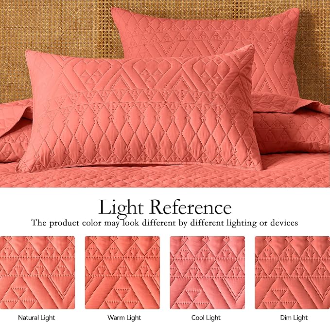 akkialla King/Cal King Size Quilt Bedding Set,Coral Lightweight Microfiber Soft Bedspread,Modern Style Geometric Pattern Coverlet Set for All Seasons,3 Piece(1 Quilt,2 Pillow Shams)