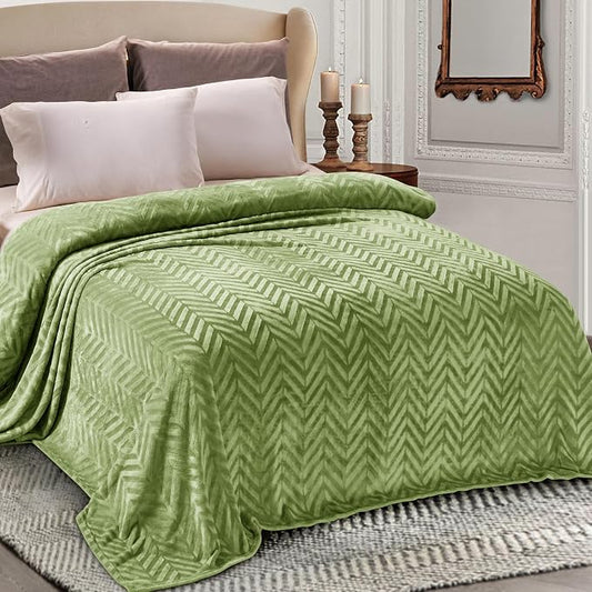 Whale Flotilla Flannel Fleece Bed Blanket Twin Size, Olive Green | Lightweight Breathable Soft Bedspread, Plush Fluffy Coverlet Chevron Design Decorative Blanket for All Season, 60x80 Inch