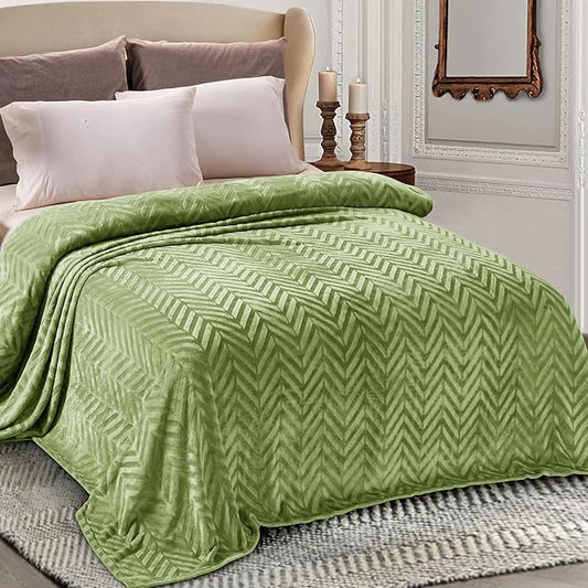Whale Flotilla Flannel Fleece Bed Blanket Queen Size, Olive Green | Lightweight Breathable Soft Bedspread, Plush Fluffy Coverlet Chevron Design Decorative Blanket for All Season, 90x90 Inch