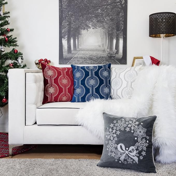 Embroidery Blue Velvet Throw Pillow Cover, Merry Christmas Series Snowflake Drop Luxury Soft Fuzzy Cozy Warm Slik Gift Square Couch Cushion Pillow Case 20 x 20 Inch, Cover Only