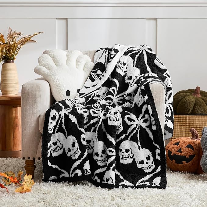 WDCOZY Halloween Throw Blanket Reversible Super Soft Knitted Blankets for Couch Bed Sofa Microfiber Warm Cozy Comfy Lightweight Fall Comfort Fluffy Fuzzy Knit Blanket Cute 60x80 Inches Skull & Bones