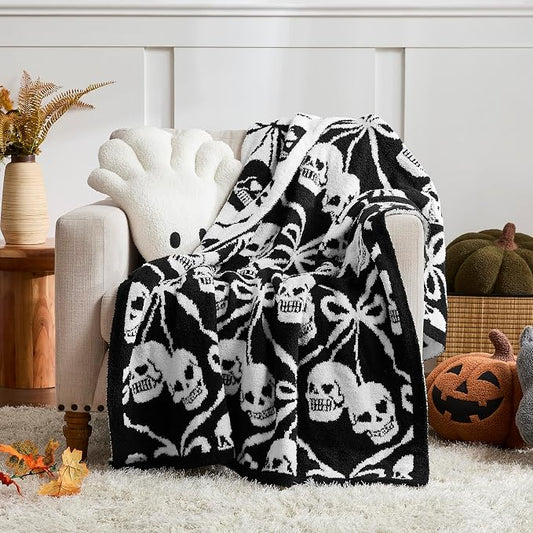 WDCOZY Halloween Throw Blanket Reversible Super Soft Knitted Blankets for Couch Bed Sofa Microfiber Warm Cozy Comfy Lightweight Fall Comfort Fluffy Fuzzy Knit Blanket Cute 50x60 Inches Skull & Bones