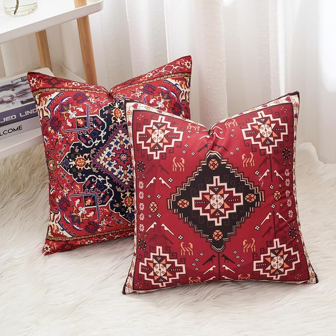 Set of 4 Boho Throw Pillow Covers 18x18 Inch Red Kilim Tribal Decorative Pillow Cases for Couch Bed Living Room Spring Summer Decor