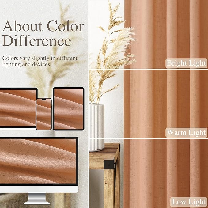 Peach Quartz Curtains 84 Inch Long 2 Panels Set Back Tab Rod Pocket Linen Blend Light Filtering Semi Sheer Boho Style Curtain Textured Curtain for Cozy Bedroom and Living Room Decor 52x84