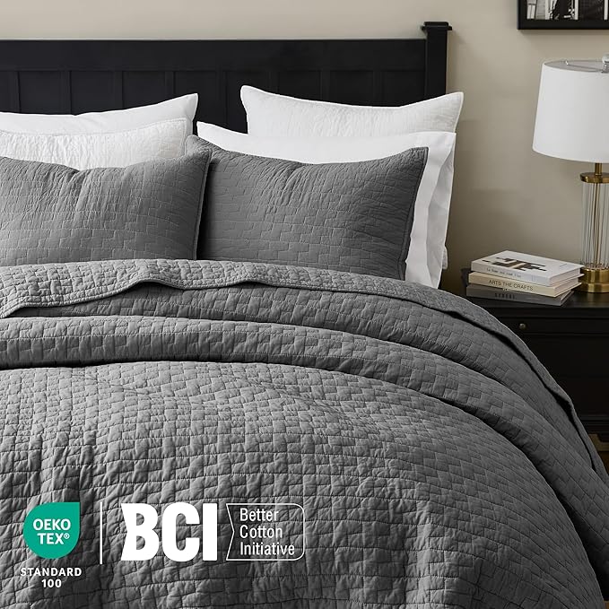 palassio Dark Grey 100% Cotton Quilt California Cal King Size Bedding Sets with 2 Pillow Shams, Oversized Lightweight Bedspread Shabby Chic Coverlet, Soft Bed Cover for All Season, 3 Pieces