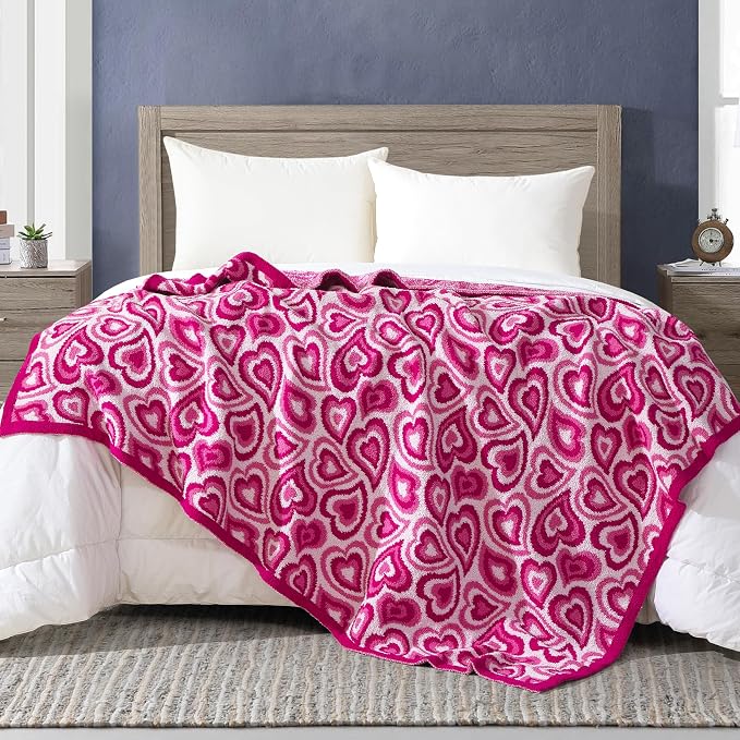 Elegant Comfort Premium Valentine's Day Throw Blanket - Ultra Soft and Lightweight, Luxury Knitted Breathable Love Pink Hearts Warm and Cozy Valentine Decor Blankets, 50 x 70 Inch, Wild Hearts