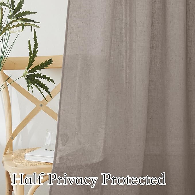 RYB HOME Linen Semi Sheer Curtains for Bedroom Living Room 95 inches Long | Light Filtering Privacy, Farmhouse Rustic Decor, Office Balcony Sliding Glass Door, W52 x L95, 2 Panels, Birch Brown