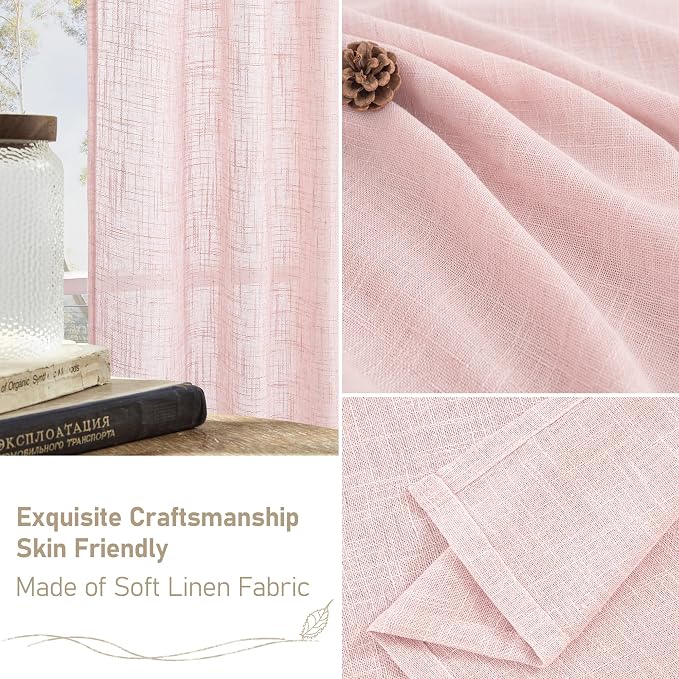 40 Inch Length Linen Curtains for Small Windows Over Silk 2 Panels | Semi Sheer, Light Filtering Panels, Neutral Drapes for Basement, Window, Kids Room, Rod Pocket Back Tab, Pink, 34 x 40 Inch