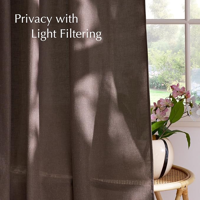 NICETOWN Linen Brown Semi Sheer Curtains for Bedroom, Rod Pocket & Back Tab Privacy Added Thick Flax Linen Blend with Light Filtering Window Treatments for Living Room, W55 x L96, 2 Panels