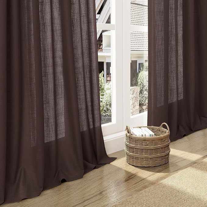Coffee Linen Blend Drapes 84 Inch Length 2 Panels Set Back Tab Rod Pocket Light Filtering Privacy Semi Sheer Textured Curtains Neutral Farmhouse Decor Curtains for Living Room Bedroom 52x84