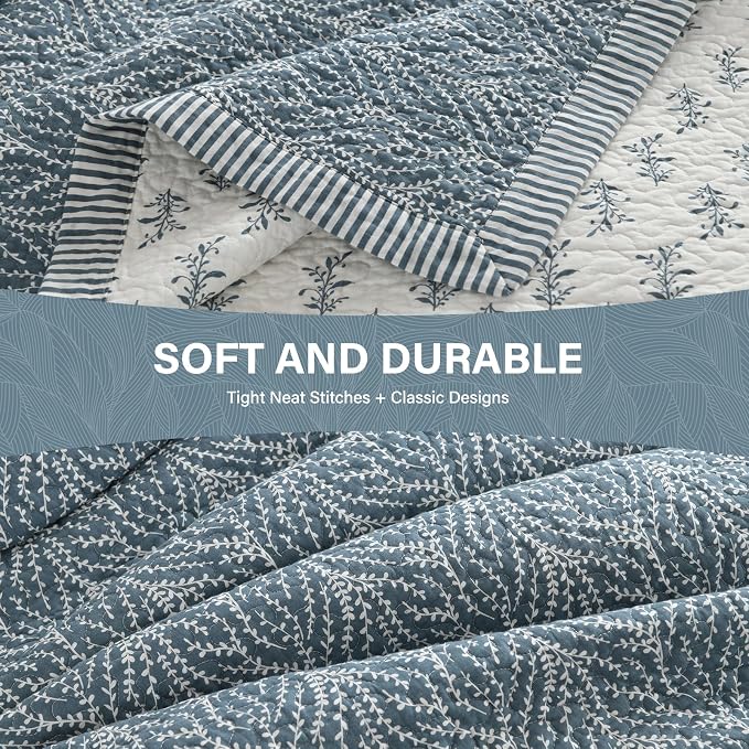 SahSahCasa Quilt Set King Size, 100% Cotton Quilt Bedding Set Bedspread, Botanical Pattern Solid Color Chic Lightweight Quilted Comforter for King Bed, White/Grayish-Blue, All Season, 3 Pieces