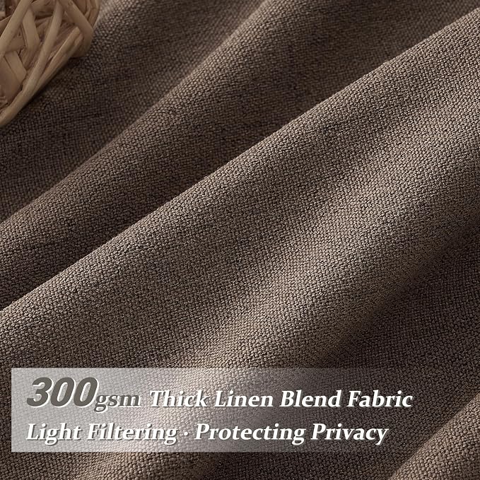 Linen Pleated Dark Brown Curtains 96 Inches Long for Sliding Glass Doors, Memory Trained Semi Sheer Drapes Light Filtering Non See Through Rustic Windows Curtain 2 Panels Set 8FT Length with Back Tab