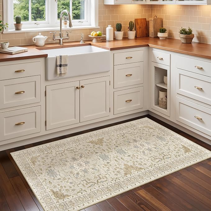 Madane Washable Area Rug 2x4, Small Entryway Rugs Non-Slip, Beige/Blue | Vintage Printed Door Mat Indoor Entrance, Low-Pile Floor Carpet Runner for Inside Front Bedroom Kitchen Entry Laundry, Stair