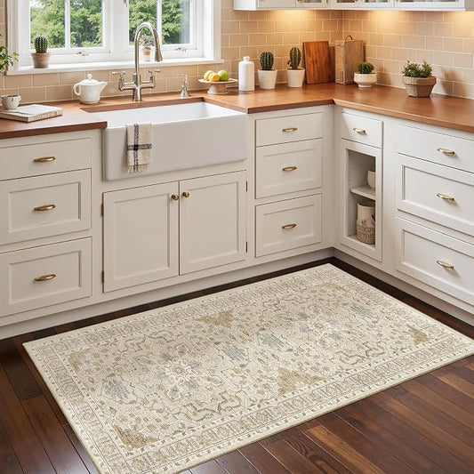 Madane Washable Area Rug 2x4, Small Entryway Rugs Non-Slip, Beige/Blue | Vintage Printed Door Mat Indoor Entrance, Low-Pile Floor Carpet Runner for Inside Front Bedroom Kitchen Entry Laundry, Stair