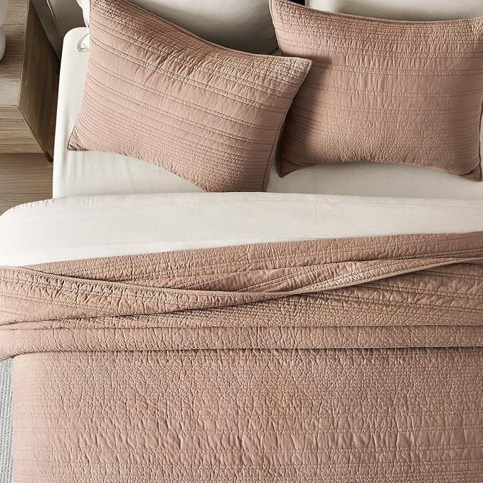 EVERGRACEHOME 100% Cotton Modern Lines Quilt Set Queen Size, Rose Dust | Pre-Washed Soft Cotton, Striped Coverlet Bedspread, 3 Piece Lightweight Bedding Set for All Season, with 2 Pillow Shams