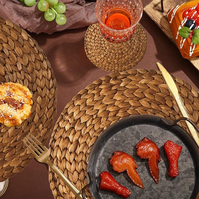 Geosar 200 Pcs Woven Disposable Paper Placemats Set 12x14 Inch | With Coasters for Drinks, Paper Rattan Placemats Boho Farmhouse Rustic Table Decor for Wedding Bridal Shower Birthday