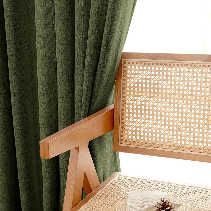 YoungsTex Olive Green Linen Curtains for Living Room, Extra Long Semi Sheer Drapes Light Filtering with Bronze Grommet for Bedroom Country, 2 Panels, 52 X 102 Inch