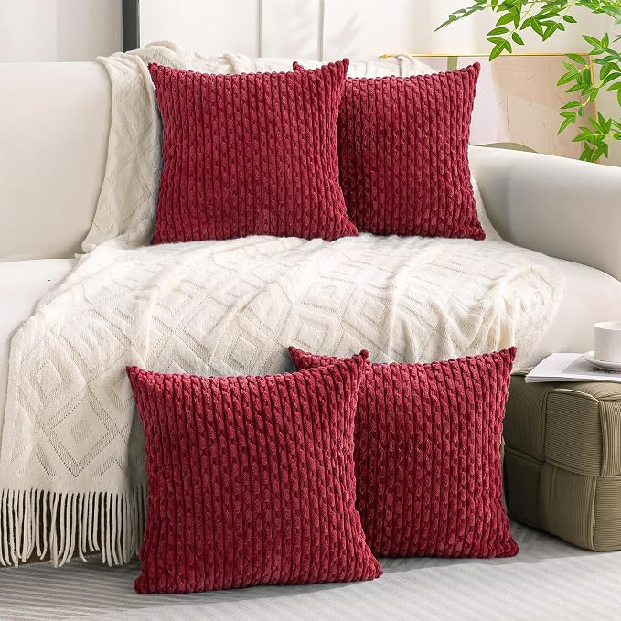 Set of 4 Burgundy Decorative Throw Pillow Covers 26x26 Inch Corduroy Pillow Covers for Bed Couch Sofa Living Room Soft Square Cushion Cases