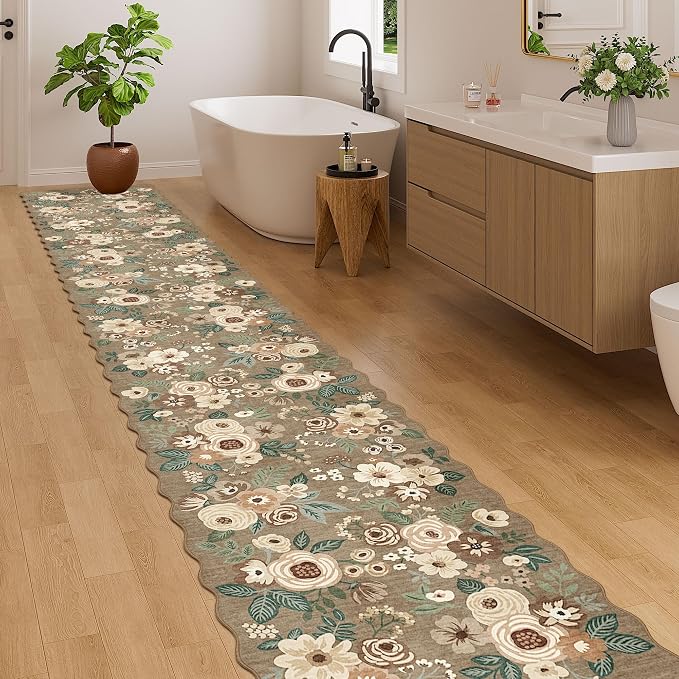 DUKINO 2x12 Washable Runner Rug, Long Runner Rug for Hallway, Light Taupe | Non Slip, Low Pile, Soft Floral Throw Rug Runner for Kitchen, Entryway, Bedroom, Bathroom, Pet Friendly, Modern Home Decor