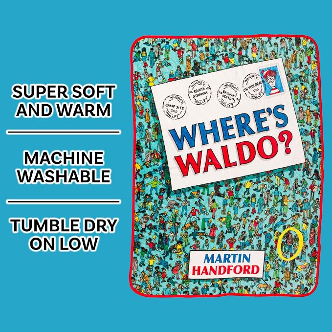 Silver Buffalo Where's Waldo Postcard, Fleece Throw Blanket, 45x60in | Book Cover, Soft and Cozy, 180 GSM