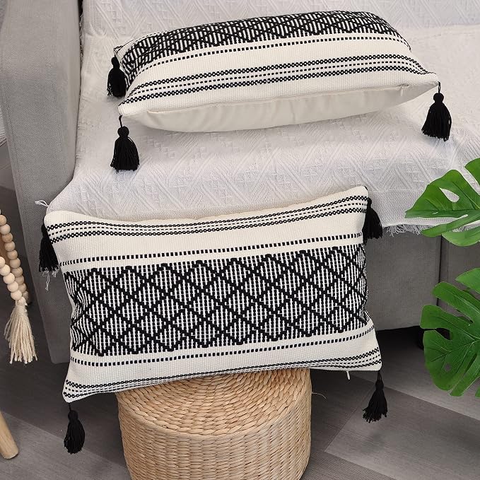 Boho Decorative Lumbar Pillow Covers with Tassels Black and White 12x20 inch -Set of 2 / Small Rectangle Cushion Covers for Couch Sofa/Farmhouse Woven Pillow Cases/Accent Cushion Covers