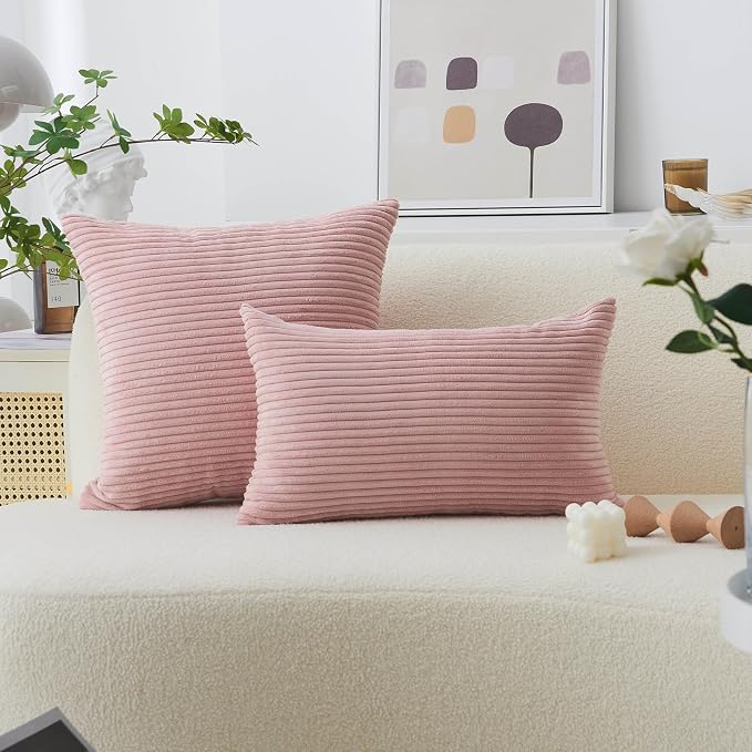 Home Brilliant Pillow Covers 20x20 Decorative Soft Velvet Corduroy Striped Square Throw Pillow Pack of 2 Cushion Cover for Bench, 50 x 50 cm, 20 x 20 Inch, Baby Pink