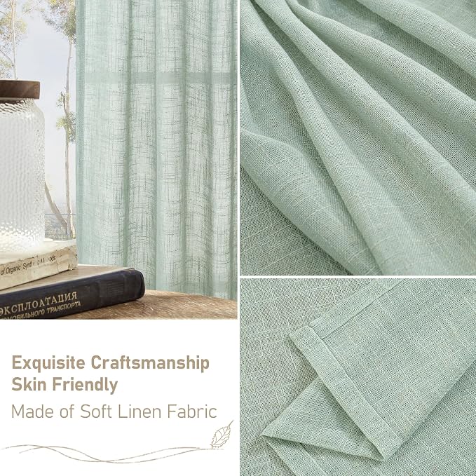 Faux Linen Curtains 63 inches Long for Bedroom, Semi Sheer Panels | Light Filtering, Small Window Panels, Curtains for Living Room, Rod Pocket Back Tab, 2 Panels, 52 x 63 Inch, Light Sage