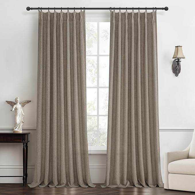 Extra Long Semi Through 120 Inch Curtains 2 Panels for Living Room, Modern Dark Flax Memory Trained Pinch Pleated Light Filtering Privacy 10 FT Floor to Ceiling Sheer Curtain with Hook & Ring 40W*120L