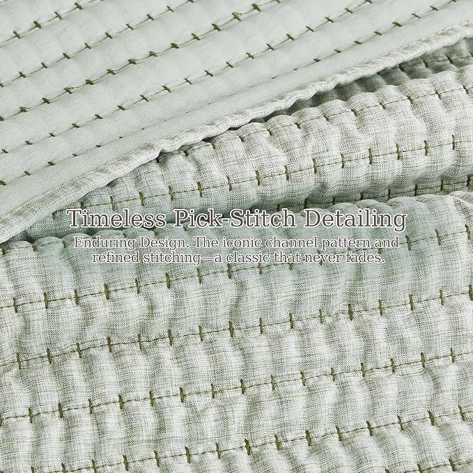 WDCOZY Sage Green Pick Stitch Twin Size Quilt Set, Striped Lightweight Soft Summer Spring Bedspread, Bamboo Linen Like Textured Coverlet, Chambray Farmhouse Country Rustic Thin Bedding Comforter