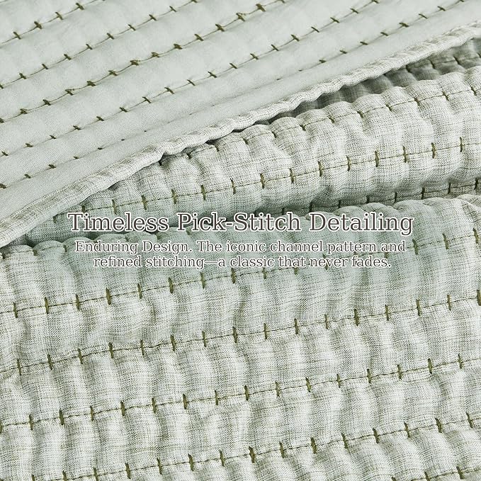 Sage Green Pick Stitch Oversized King Size Quilt Set, California King Striped Lightweight Soft Summer Spring Bedspread, Bamboo Linen Like Textured Coverlet, Chambray Farmhouse Country Rustic Bedding