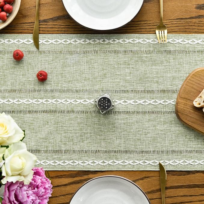 Artoid Mode Sage Green Rustic Cotton Linen Table Runner, Seasonal Embroidered Hollow Kitchen Dining Table Decoration for Home Party Decor 13x72 Inch