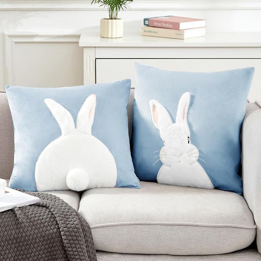 Pack of 2 Spring Easter Pillow Covers 18x18 Inch,3D Embroidered Bunny Rabbit Pillowcase Throw Covers Velvet Easter Decorative Cushion Cover (Blue-2PCS)