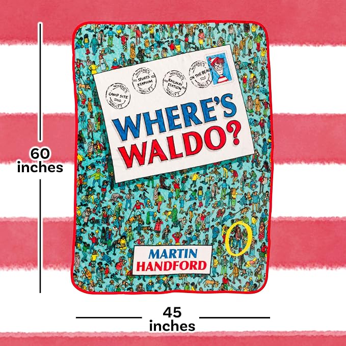 Silver Buffalo Where's Waldo Postcard, Fleece Throw Blanket, 45x60in | Book Cover, Soft and Cozy, 180 GSM