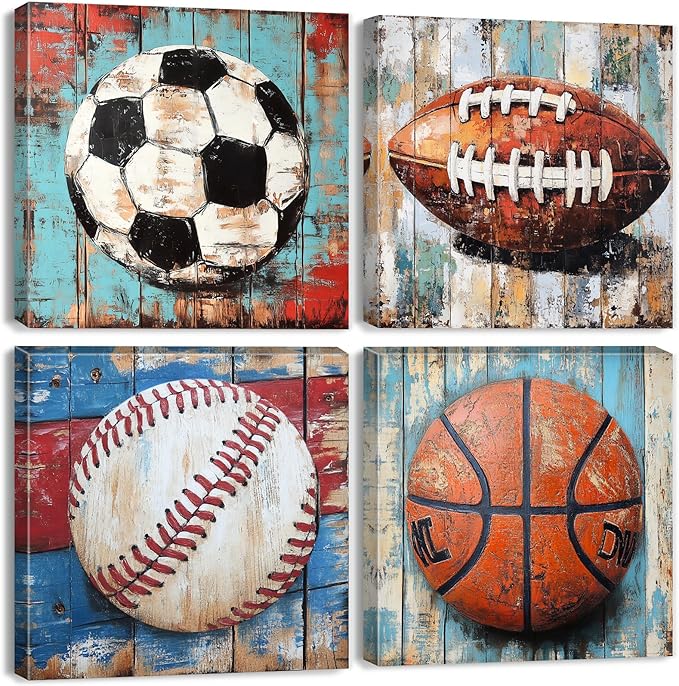 Sports Wall Decor Kids Playroom Art Soccer Basketball Football Baseball Pictures for Nursery Boys Bedroom Vintage Canvas Prints Colorful Sports Posters Balls Artwork Bathroom Home Decoration 12x12" 4P