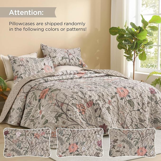 Litanika Floral Oatmeal Quilt Queen - 3Pcs Botanical Birds Bedding Set | Bedspread Summer Lightweight Soft Coverlet with Orange Flower for All Seasons (96"x90")