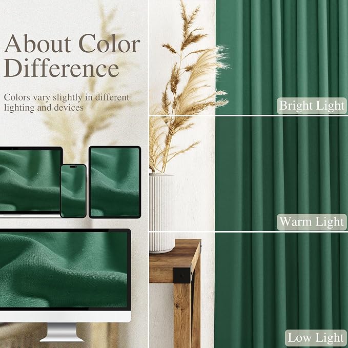Dark Green Linen Curtains 102 Inches Long Rod Pocket Back Tab Drapes 2 Panels Set for Living Room Sheer Light Filtering Sheer Emerald Green Curtain 102 Length for Patio Sliding Glass Door 52x102