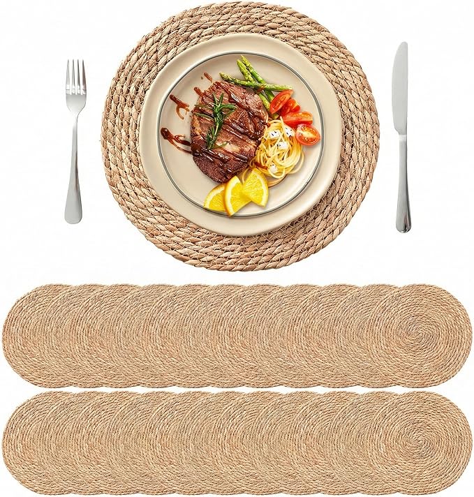 13.8'' Round Woven Placemats Set of 24, Boho Wicker Chargers, Terrekraft | Handmade from Natural Water Hyacinth, Heat-resistant & Non-slip Rattan Chargers, Rustic Farmhouse Decor, Party & Daily Dining