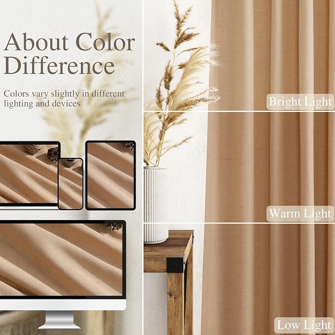 Camel Linen Curtains 2 Panels Set for Living Room Back Tab Rod Pocket Window Drapes Light Filtering Semi Sheer Elegant Farmhouse Curtain 100 Inches Long for Dining Room Bedroom 52x100