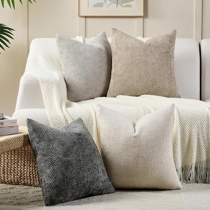 Volcanics Boho Throw Pillow Covers 18x18 Set of 4, Neutral Chenille Decorative Cushion Covers for Couch, Sofa, Bedroom, Living Room, Farmhouse & Mid-Century Modern Home Decor