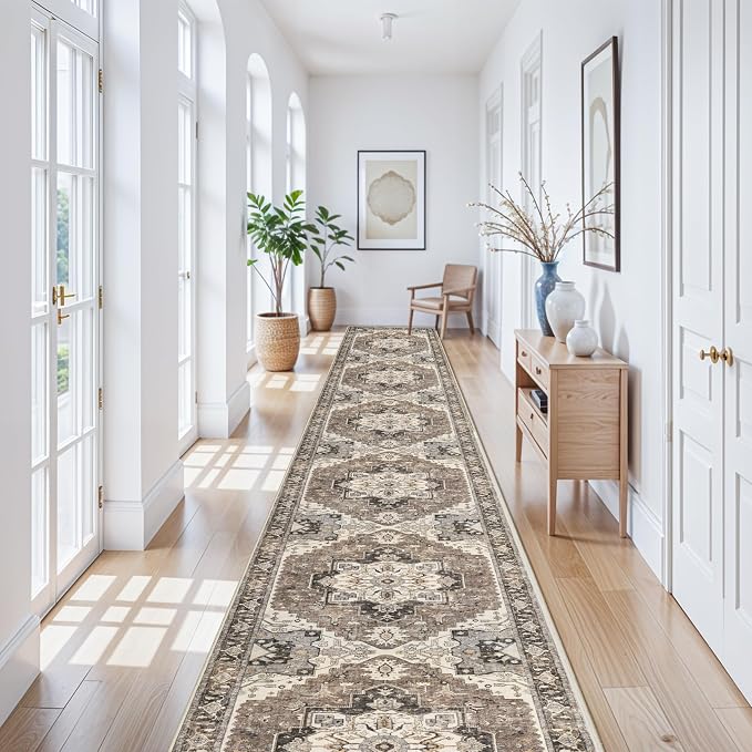 Washable 3x25 Long Hallway Runner - Non-Slip Stain Resistant Kitchen Rug Distressed Mats Low Plie Soft Ultra Thin Room Floor Carpet for Living Room Dining Room(Beige,3x25)