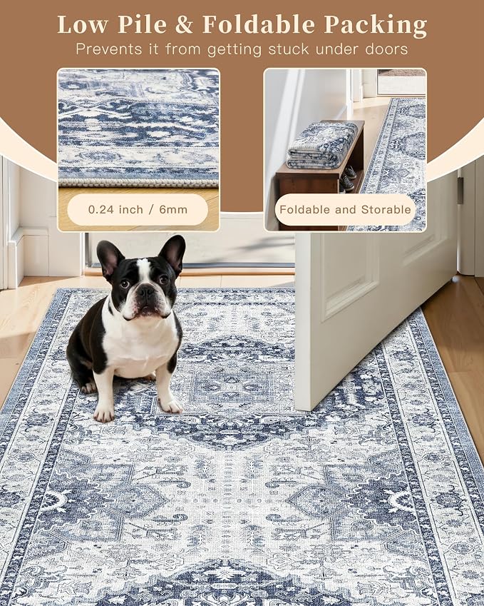 Madane Washable Runner Rug 2x6 Runners for Hallways Non Slip, Navy/White | Vintage Stain-Resistant 6 Feet Kitchen Rug, Soft Low-Pile Ultra-Thin Floor Carpet Mat for Bathroom Laundry Room Bedroom 2x6ft