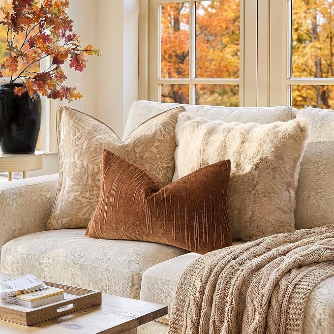 Foindtower Pack of 2 Slubby Textured Chenille Throw Decorative Pillow Covers Lumbar Accent Solid Cushion Cover Fall Neutral Farmhouse Pillowcase for Couch Sofa Bed Living Room 12x20 Inch,Autumn Orange