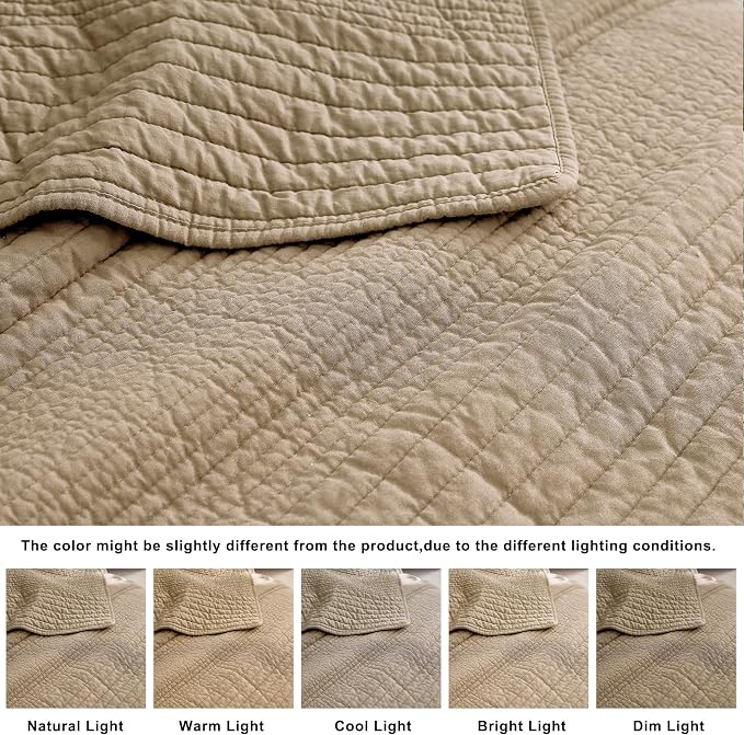 palassio Striped Dark Beige 100% Cotton Quilt Twin Size Bedding Sets, Lightweight Crinkly Channel Pick Stitch Textured Bedspread Soft Shabby Chic Farmhouse Country Coverlet for All Season, 1 Sham