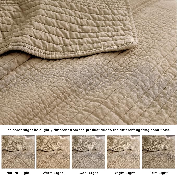 PALASSIO Striped Dark Beige 100% Cotton Quilt California Cal King Size Bedding Set, Oversized Lightweight Channel Pick Stitch Textured Bedspread Soft Farmhouse Country Coverlet for All Season, 2 Shams