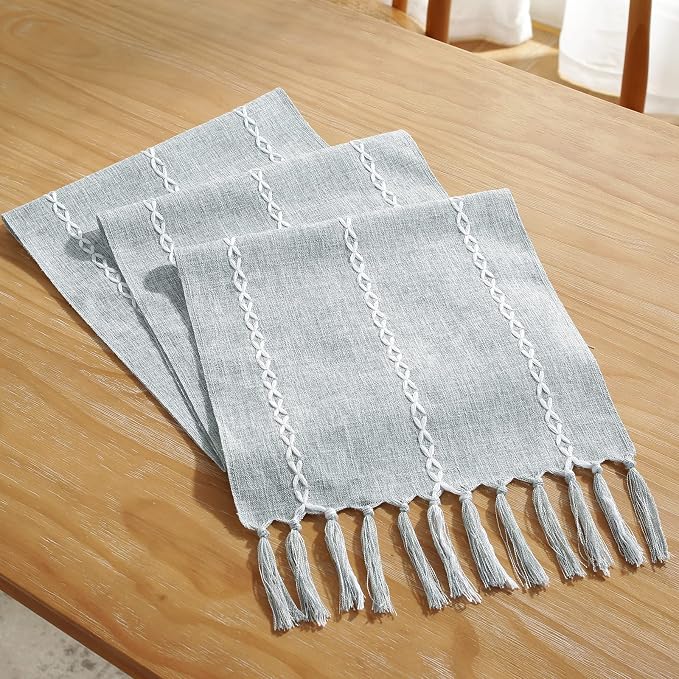 Wracra Rustic Linen Table Runner, Dusty Blue Table Runners 60 inches Long | Raised Embroidered Design and Hand-Tassels;Cotton Linen Woven Fabric; Farmhouse Table Runner;Home Kitchen Dining Decor