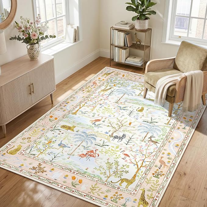 Washable Area Rug 5x7 Blush Animal Print Rugs for Nursery Non Slip Stain Resistant Forest Fairy Tale Throw Carpet Low Pile Whimsical Safari Area Rugs for Entryway Girls Bedroom Dining Room, PeachBlush